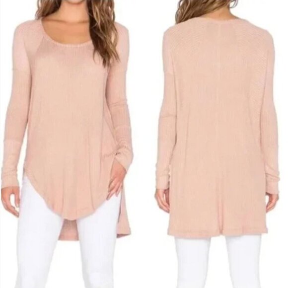 Free People Ventura Blush Tan Waffle Thermal Knit High Low Long Sleeve M - Picture 1 of 6